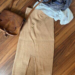 Free People Ribbed Knit Midi Skirt Camel Size Small Front Slit